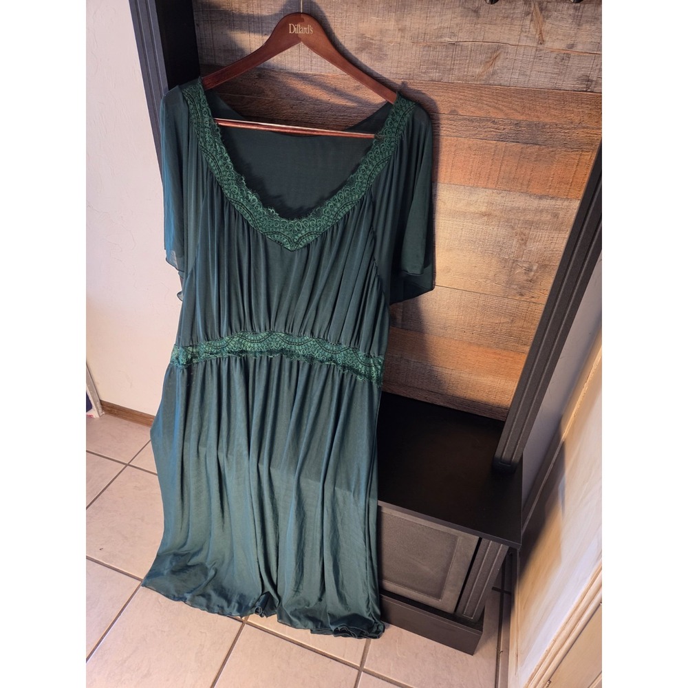 green lace-trim v-neck maxi dress, plus size, whimsical, Christmas, elegant vamp